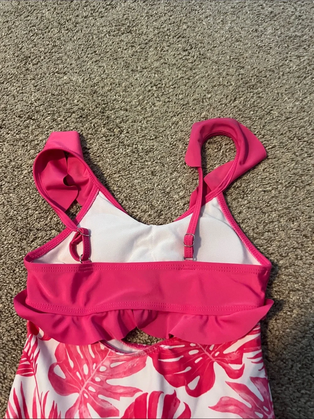 SHEIN Hot Pink Ruffle One-Piece Swimsuit with Tropical Leaf Print